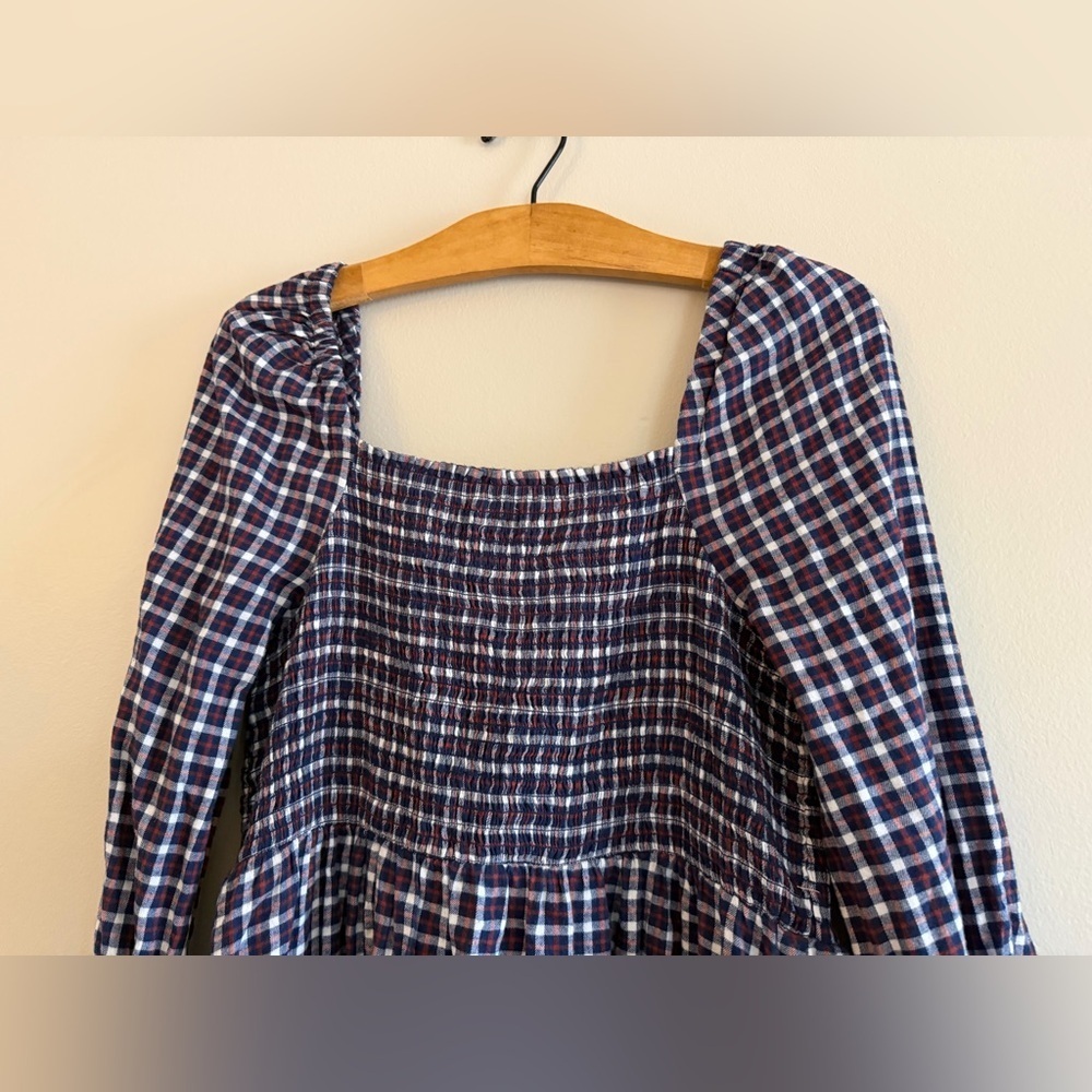 J Crew Womens Dress Plaid Flannel Cottage Puff Sleeve Smocked Midi Navy Size L - Picture 12 of 14